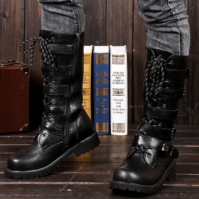 Black Leather Male Mid-calf Belt Boots