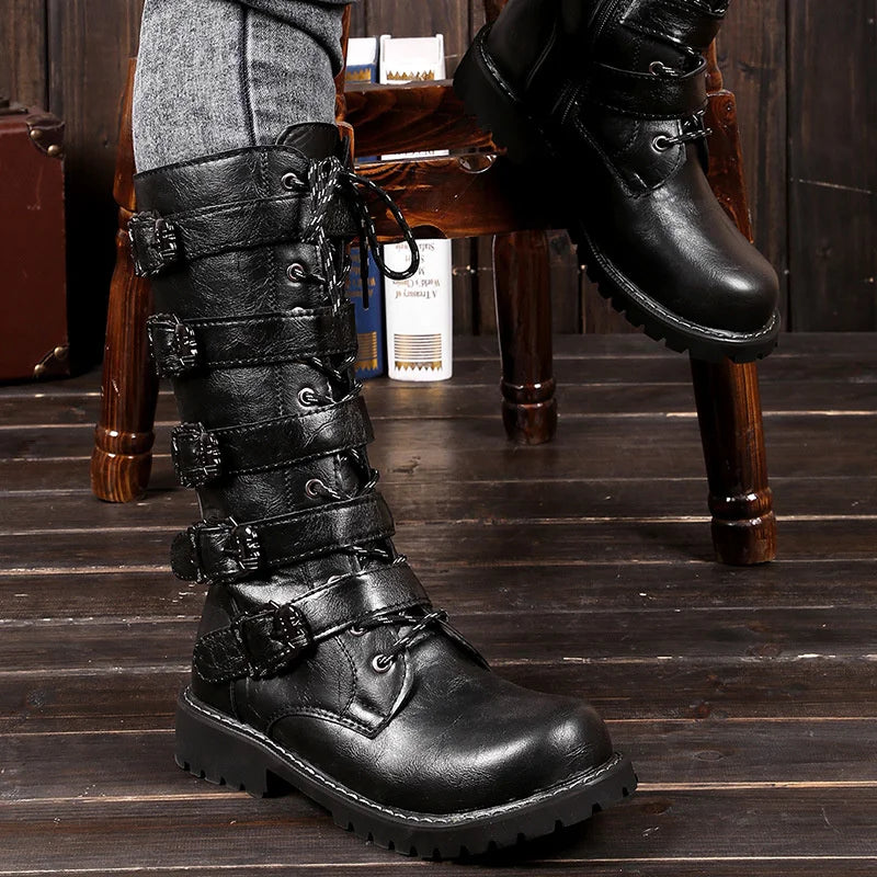 Black Leather Male Mid-calf Belt Boots
